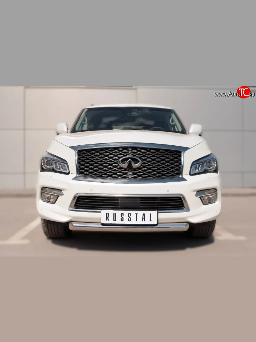 Одинарная защита переднего бампера из укороченной трубы с округлым сгибом диаметром 76 мм SLITKOFF INFINITI QX80 Z62 1-ый рестайлинг (2014-2018)  с доставкой в г. Керчь