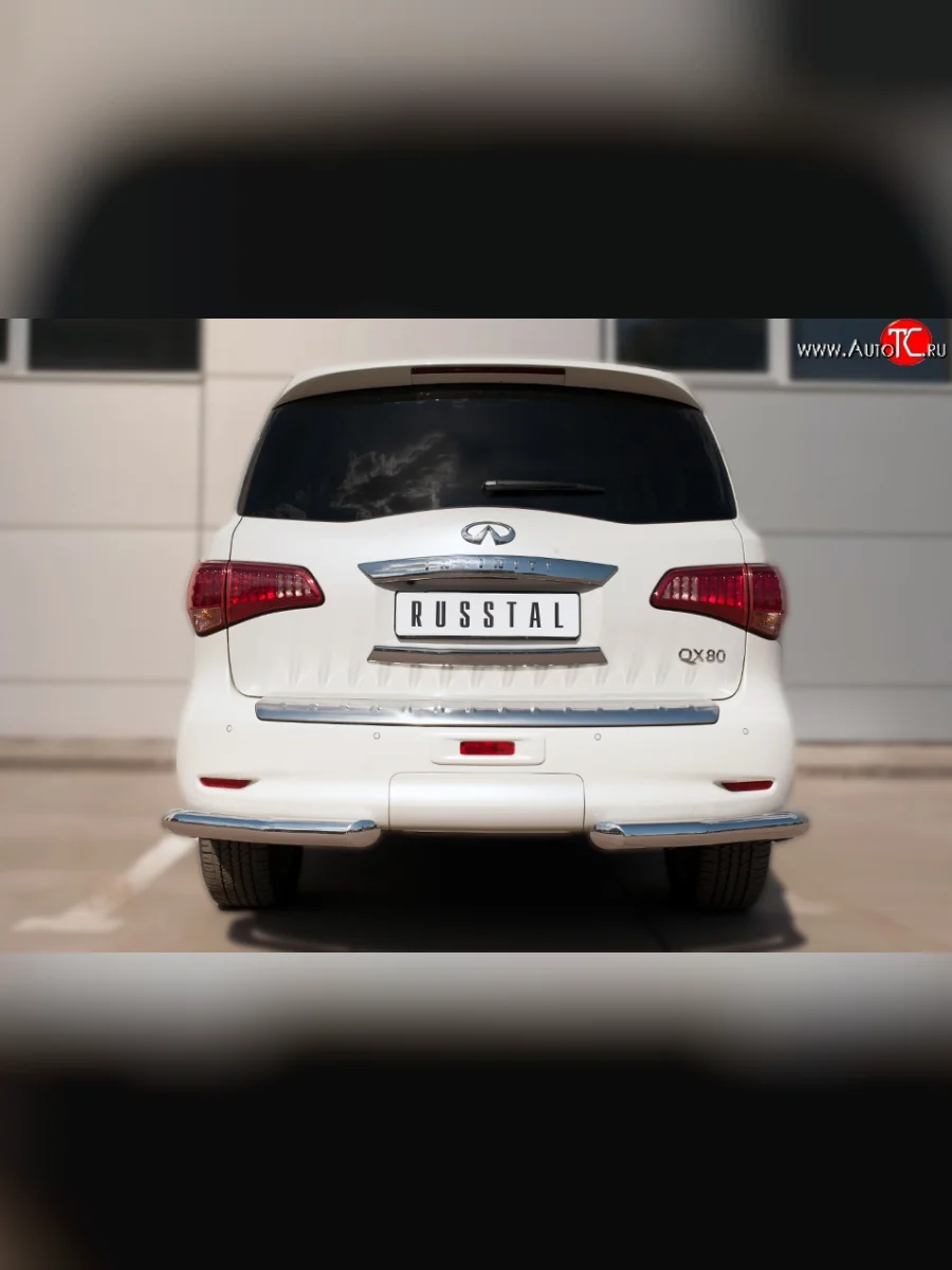Защита заднего бампера из двух боковых уголков диаметром 76 мм под брызговики SLITKOFF INFINITI QX80 Z62 1-ый рестайлинг (2014-2018)  с доставкой в г. Керчь