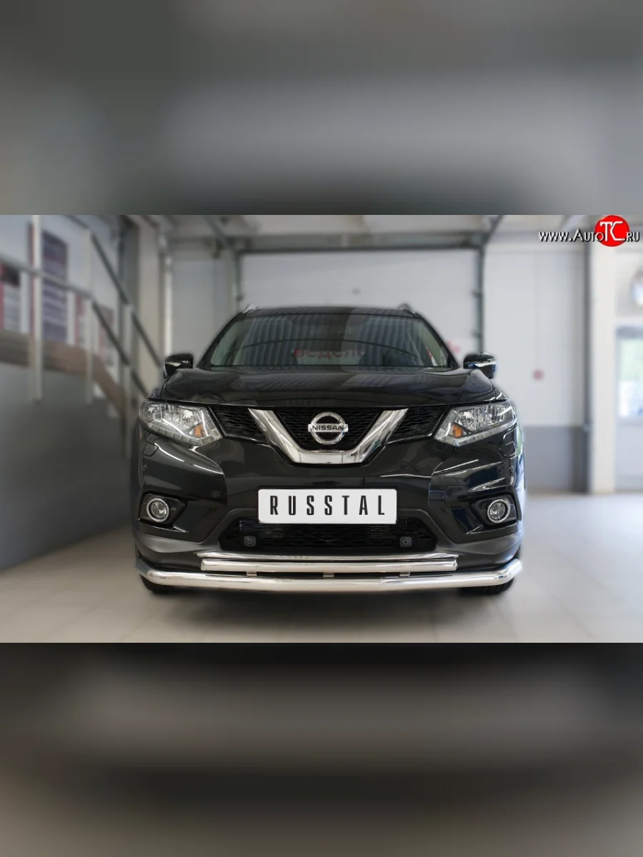 Защита переднего бампера (2 трубыØ63 и 42 мм, нержавейка) SLITKOFF Nissan X-trail 3 T32 дорестайлинг (2013-2018)  с доставкой в г. Керчь