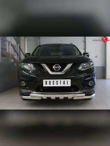 Защита переднего бампера (2 трубы Ø63 мм с зубами, нержавейка) SLITKOFF Nissan X-trail 3 T32 дорестайлинг (2013-2018)