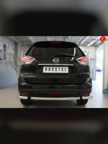 Одинарная защита заднего бампера из трёх труб диаметром 63 мм SLITKOFF Nissan X-trail  3 T32 (2017-2022) рестайлинг