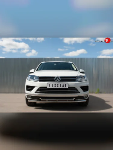 Защита переднего бампера (2 трубыØ63 и 42 мм, нержавейка) SLITKOFF Volkswagen Touareg  2 NF (2014-2018) рестайлинг