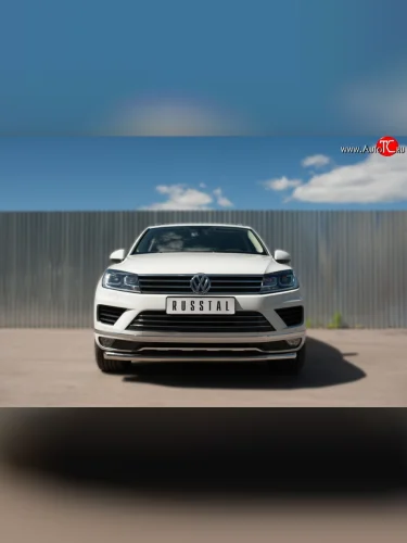 Одинарная защита переднего бампера диаметром 63 мм SLITKOFF Volkswagen Touareg  2 NF (2014-2018) рестайлинг