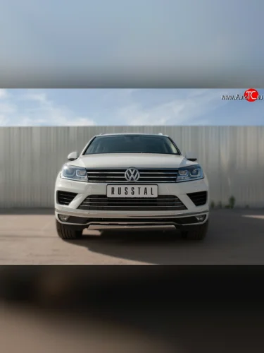 Защита переднего бампера (Ø75х42 мм, нержавейка) Russtal Volkswagen Touareg 2 NF рестайлинг (2014-2018)