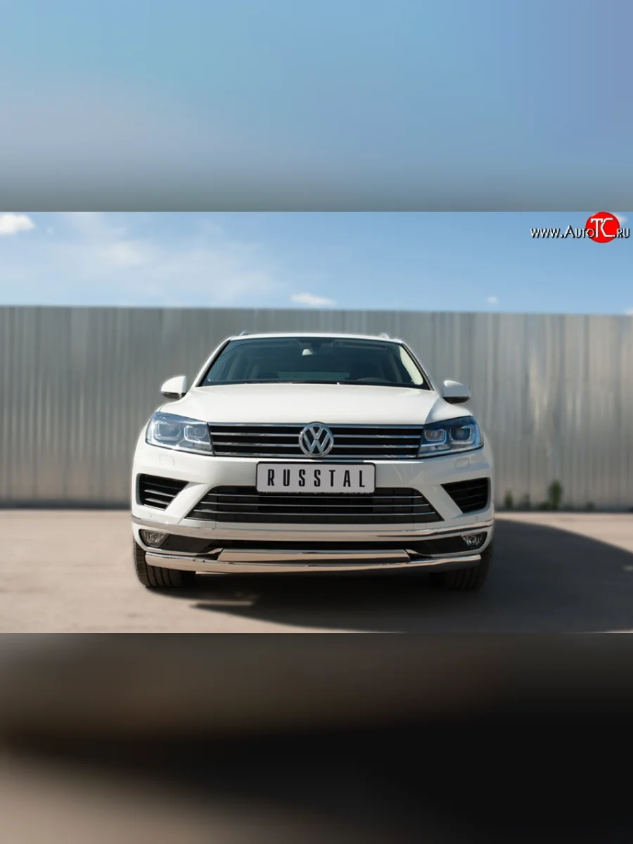 Защита переднего бампера (2 трубыØ75х42 мм, нержавейка) Russtal Volkswagen Touareg 2 NF рестайлинг (2014-2018)  в Самаре Самарской области