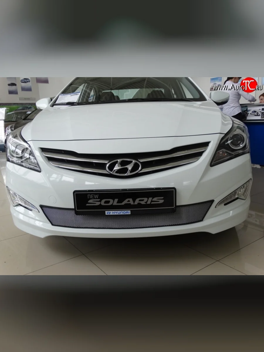 Сетка на бампер Russtal (хром) Hyundai Solaris RBr седан рестайлинг (2014-2017)  с доставкой в г. Пермь