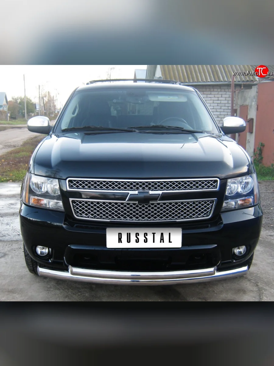 Защита переднего бампера (2 трубыØ76 и 63 мм, нержавейка) SLITKOFF Chevrolet Tahoe GMT900 5 дв. (2006-2013)  в Керчи Республика Крым