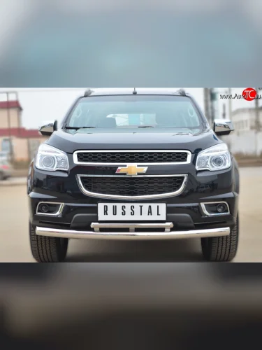 Защита переднего бампера (2 трубыØ76 и 42 мм, нержавейка) SLITKOFF Chevrolet Trailblazer  GM800 (2012-2016) дорестайлинг