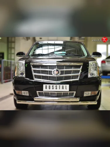 Защита переднего бампера (2 трубыØ76 мм, нержавейка) SLITKOFF Cadillac Escalade  GMT926 джип 5 дв. (2006-2014) короткая база