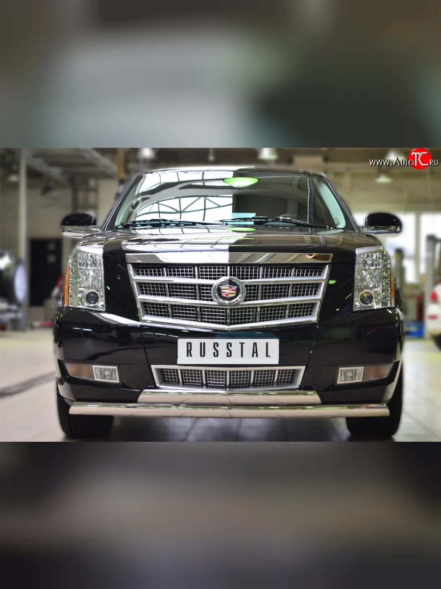 Защита переднего бампера (2 трубыØ75х42 мм, нержавейка) Russtal Cadillac Escalade GMT926 джип 5 дв. короткая база (2006-2014)  в Перми Пермском крае