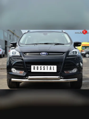 Защита переднего бампера (2 трубыØ76 мм, нержавейка) SLITKOFF Ford Kuga  2 (2013-2016) дорестайлинг