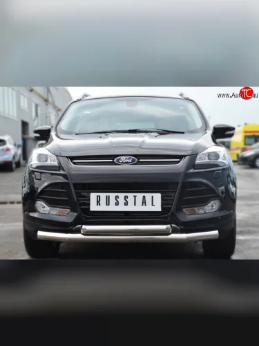 Защита переднего бампера (2 трубыØ76 и 63 мм, нержавейка) SLITKOFF Ford Kuga  2 (2013-2016) дорестайлинг