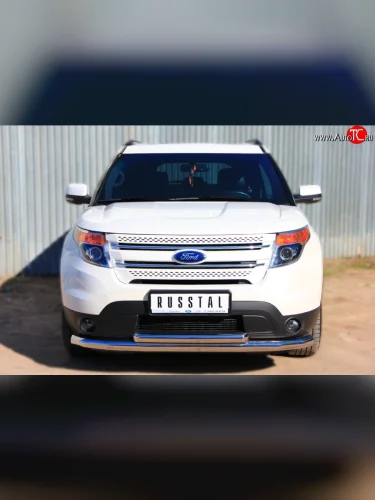 Защита переднего бампера (2 трубыØ76 и 63 мм, нержавейка) SLITKOFF Ford Explorer  U502 (2010-2016) дорестайлинг