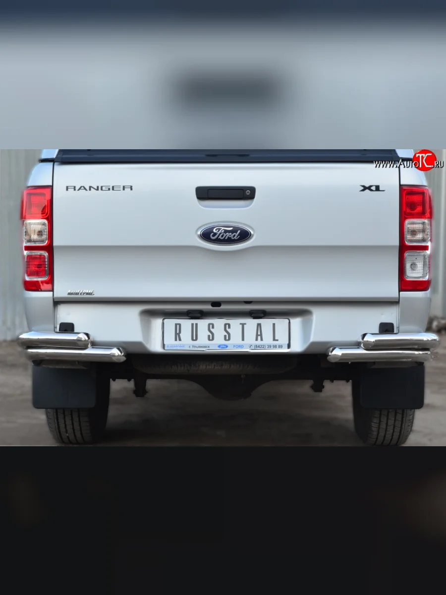 Защита заднего бампера (2 трубы Ø63 мм уголки, нержавейка) SLITKOFF Ford Ranger DoubleCab дорестайлинг (2011-2016)  с доставкой в г. Керчь