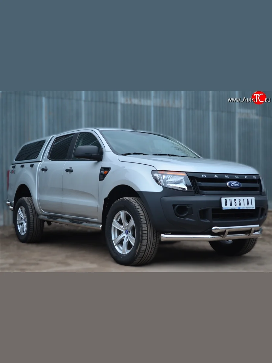 Защита переднего бампера (2 трубыØ76 и 63 мм с декор. элементами, нержавейка) SLITKOFF Ford Ranger DoubleCab дорестайлинг (2011-2016)  с доставкой в г. Керчь