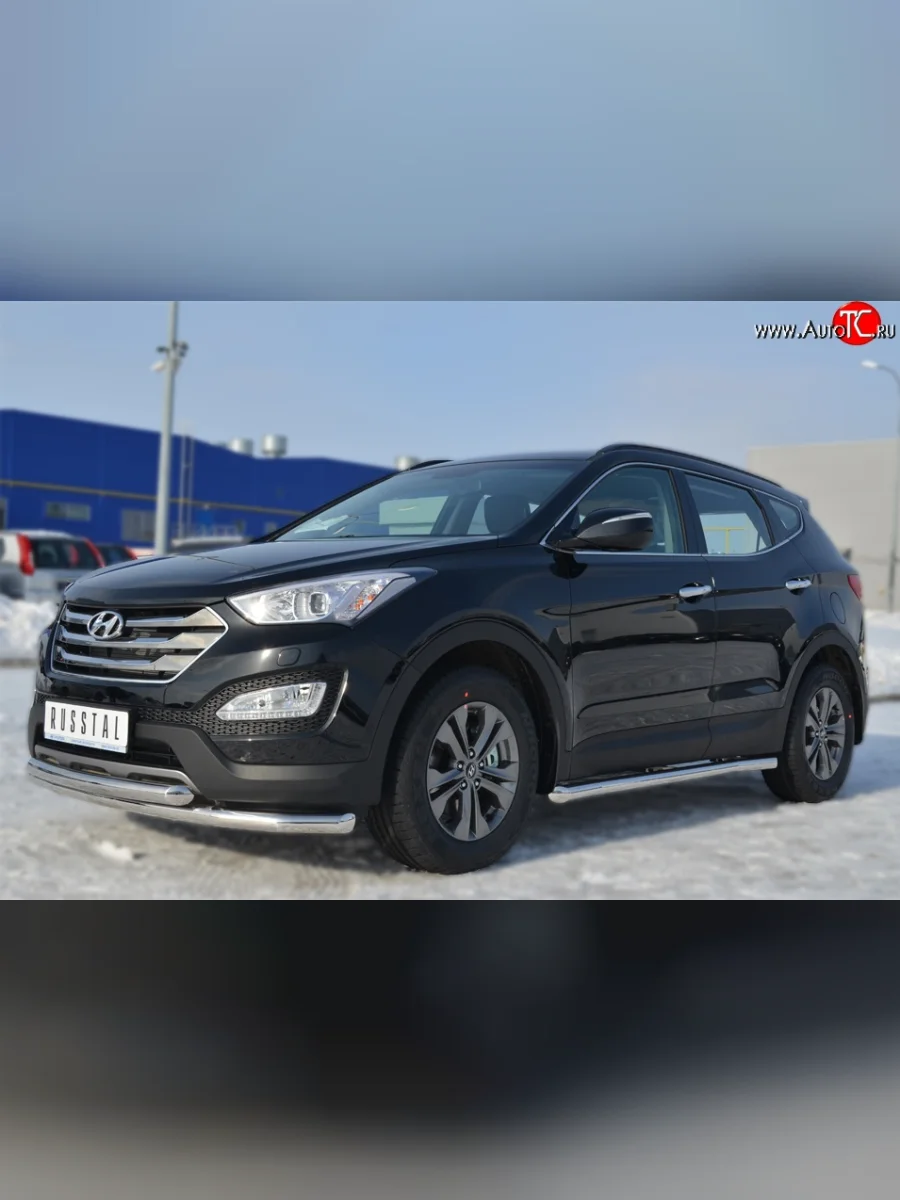Защита порогов из круглой трубы диаметром 63 мм Russtal Hyundai Santa Fe DM дорестайлинг (2012-2016) (Защита порогов с со скосами на торцах (вариант 1))  В Кинешме Ивановской области