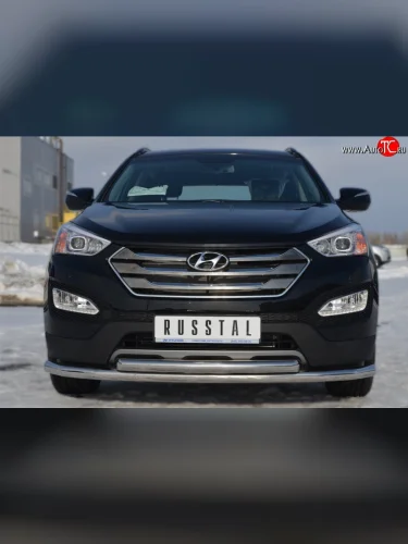Защита переднего бампера (2 трубыØ63 мм, нержавейка) SLITKOFF Hyundai Santa Fe  DM (2012-2016) дорестайлинг