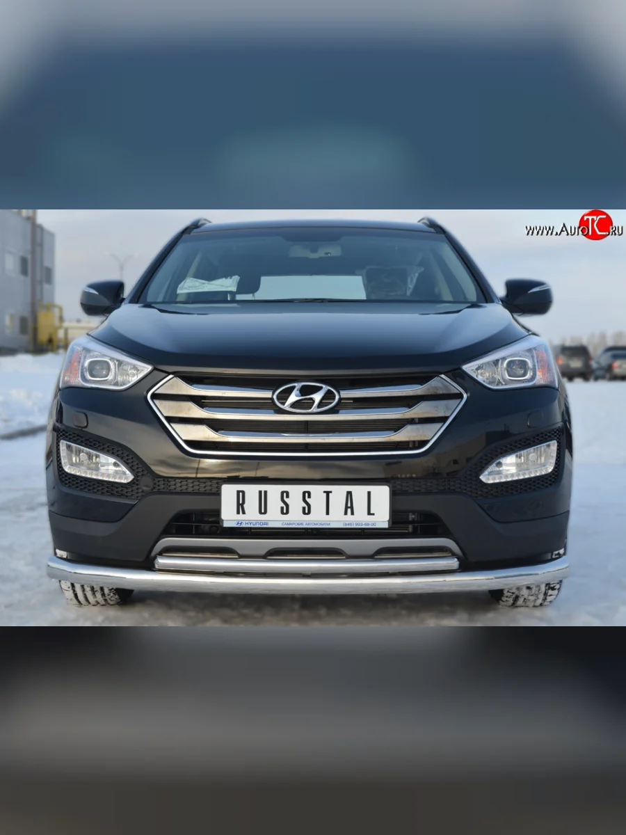 Защита переднего бампера (2 трубыØ76 и 42 мм, нержавейка) SLITKOFF  Hyundai Santa Fe (2012-2016) DM  в Самаре Самарской области
