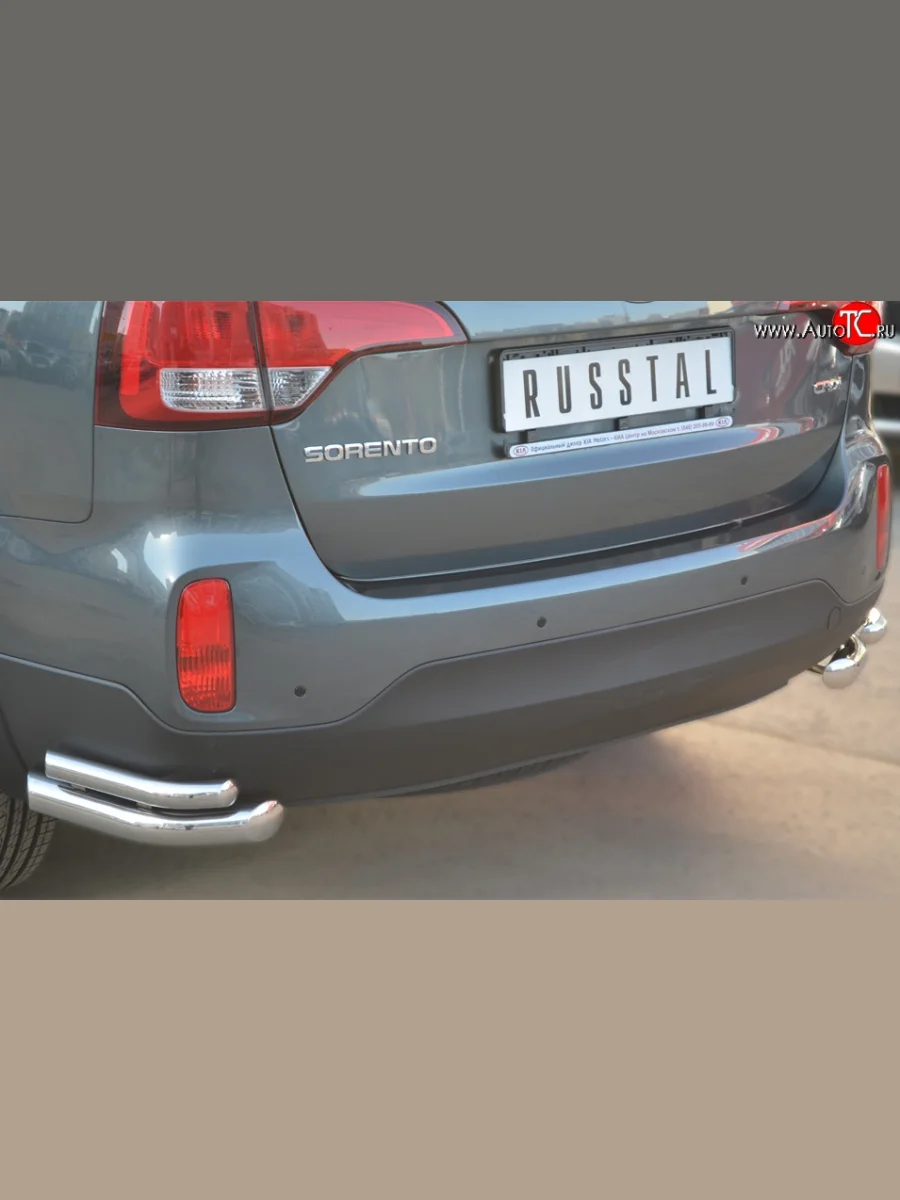 Защита заднего бампера (2 трубы Ø63 и 42 мм уголки, нержавейка) SLITKOFF KIA Sorento XM рестайлинг (2012-2015)  с доставкой в г. Керчь