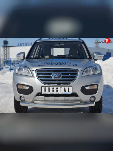Защита переднего бампера (2 трубыØ76 и 42 мм (дуга), нержавейка) SLITKOFF Lifan X60 (2011-2015) дорестайлинг