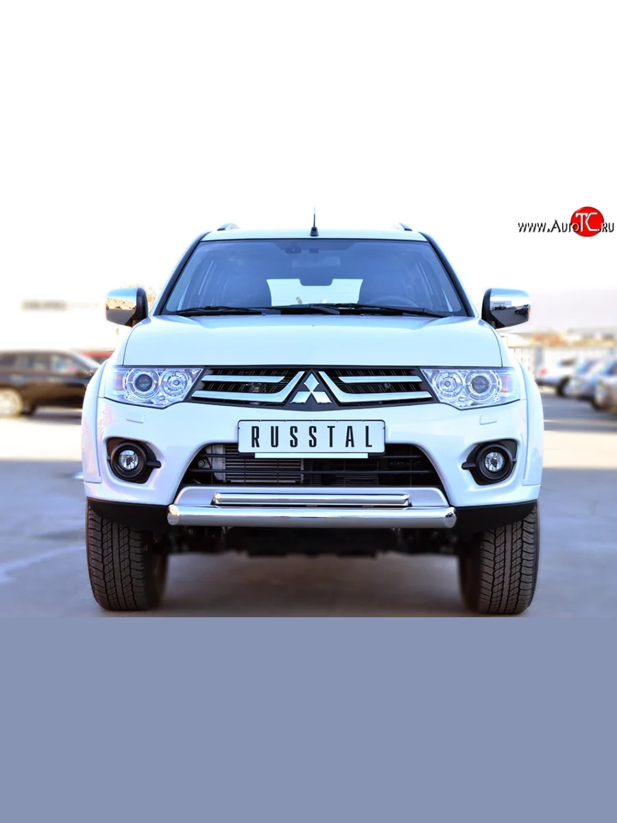 Защита переднего бампера (2 трубыØ76 и 42 мм, нержавейка) SLITKOFF Mitsubishi Pajero Sport PB рестайлинг (2013-2017)  в Керчи Республика Крым
