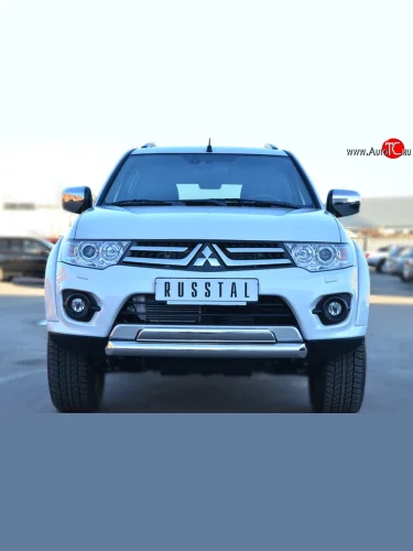 Защита переднего бампера (2 трубыØ76 и 75х42 мм, нержавейка) Russtal Mitsubishi Pajero Sport PB рестайлинг (2013-2017)