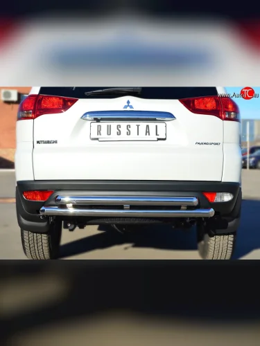 Защита заднего бампера (2 трубы Ø63 мм, нержавейка) SLITKOFF Mitsubishi Pajero Sport  PB (2013-2017) рестайлинг