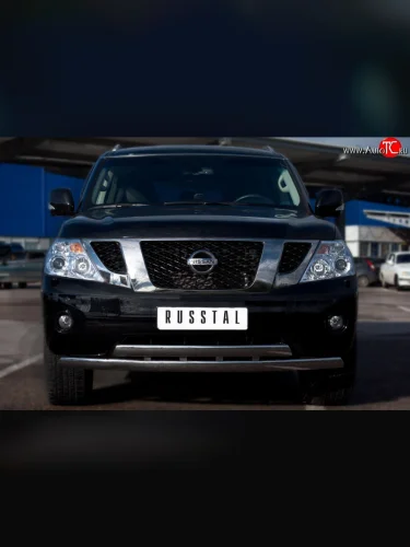 Защита переднего бампера (2 трубыØ75х42 мм, нержавейка) Russtal Nissan Patrol 6 Y62 дорестайлинг (2010-2014)