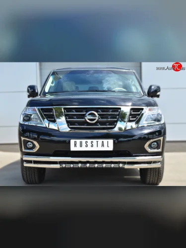 Защита переднего бампера (Ø63 мм с зубами, нержавейка) SLITKOFF Nissan Patrol  6 (2014-2017) Y62 рестайлинг