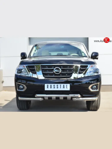 Защита переднего бампера (2 трубы Ø76 мм с зубами, нержавейка) SLITKOFF Nissan Patrol  6 (2014-2017) Y62 рестайлинг