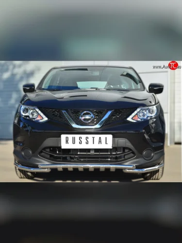 Защита переднего бампера (Ø42 мм с зубами, нержавейка) SLITKOFF Nissan Qashqai  2 (2013-2019) J11 дорестайлинг
