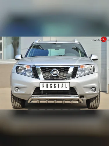 Одинарная защита переднего бампера из трубы диаметром 42 мм с зубьями SLITKOFF Nissan Teana  3 L33 (2014-2020) дорестайлинг