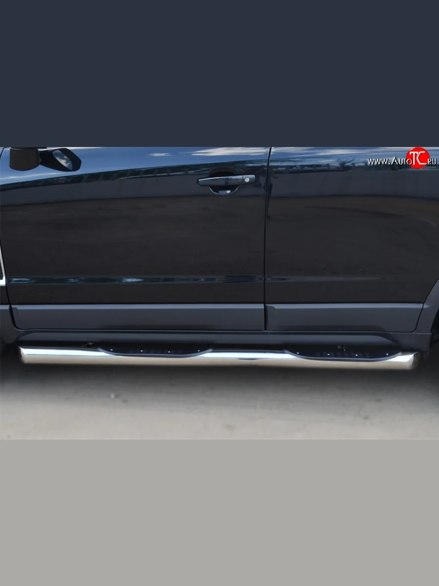 Защита порогов с пластиковыми вставками для ног из круглой трубы диаметром 76 мм Russtal Opel Antara рестайлинг (2010-2015) (Защита порогов с со скосами на торцах (вариант 1))  в Перми Пермском крае