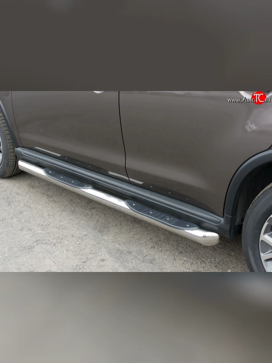 Защита порогов с пластиковыми вставками для ног из круглой трубы диаметром 76 мм Russtal Peugeot 4008 (2012-2017) (Защита порогов с со скосами на торцах (вариант 1))  в Керчи Республика Крым