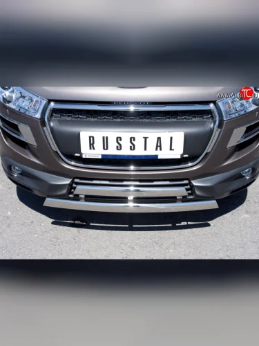 Защита переднего бампера (2 трубыØ75х42 мм, нержавейка) Russtal Peugeot 4008 (2012-2017)
