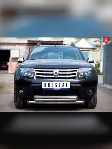 Защита переднего бампера (2 трубыØ63 и 42 мм, нержавейка) SLITKOFF Renault Duster  HS (2010-2015) дорестайлинг