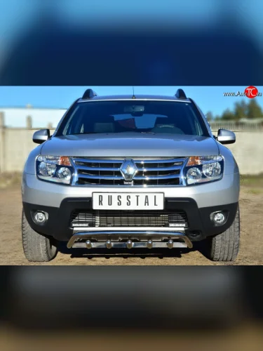 Одинарная защита переднего бампера из трубы диаметром 42 мм с зубьями (4x4) SLITKOFF Renault Duster  HS (2010-2015) дорестайлинг