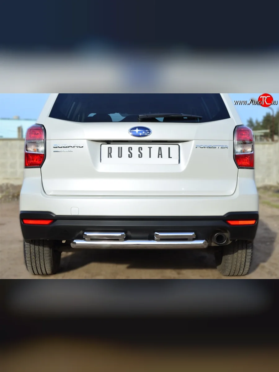 Защита заднего бампера (2 трубы Ø63 и 42 мм, нержавейка) SLITKOFF Subaru Forester SJ дорестайлинг (2012-2016)  в Керчи Республика Крым