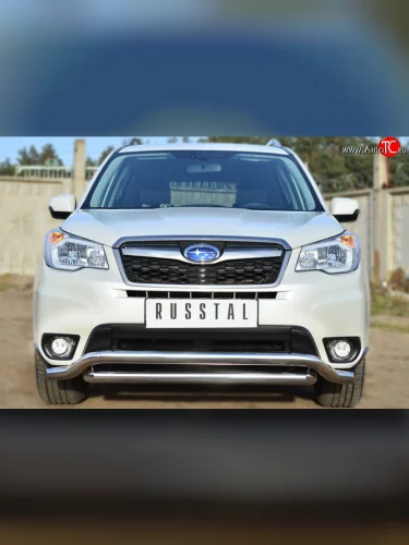 Защита переднего бампера (2 трубыØ63 мм, волна, нержавейка) SLITKOFF Subaru Forester  SJ (2012-2016) дорестайлинг