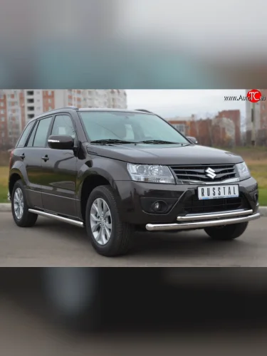 Двойная защита переднего бампера из труб диаметром 63 и 42 мм (5 дв.) SLITKOFF Suzuki Grand Vitara  JT 5 дверей (2012-2016) 2-ой рестайлинг