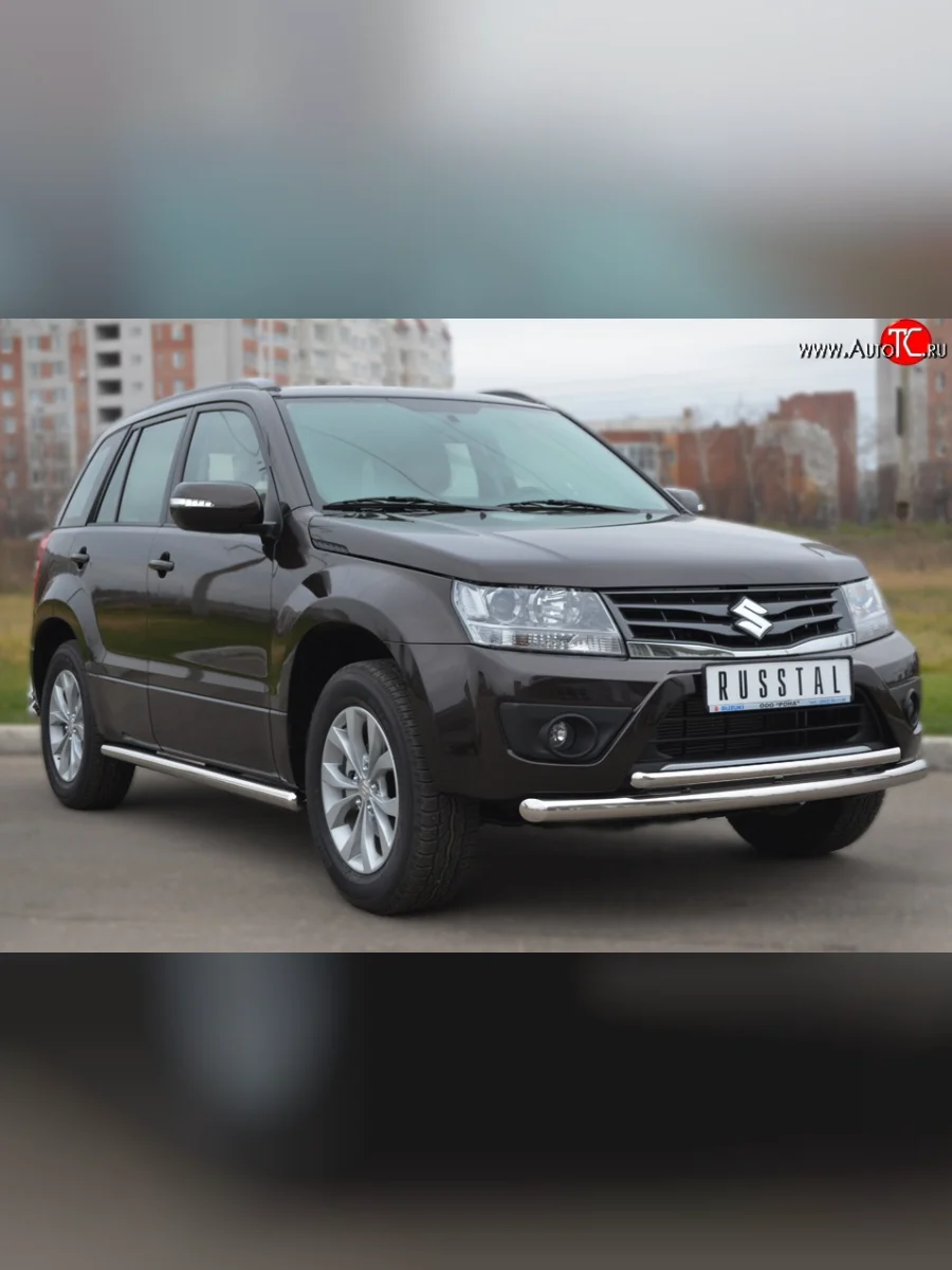 Двойная защита переднего бампера из труб диаметром 63 и 42 мм (5 дв.) SLITKOFF Suzuki Grand Vitara JT 5 дверей 2-ой рестайлинг (2012-2016)  в Перми Пермском крае