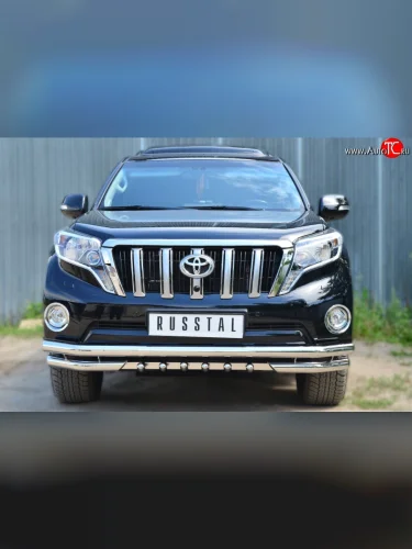 Защита переднего бампера (2 трубы Ø63 мм с зубами, нержавейка) SLITKOFF Toyota Land Cruiser Prado  J150 (2013-2017) 1-ый рестайлинг
