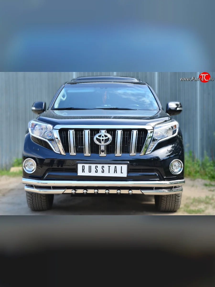 Защита переднего бампера (2 трубы Ø63 мм с зубами, нержавейка) SLITKOFF  Toyota Land Cruiser Prado (2013-2017) J150  в Самаре Самарской области