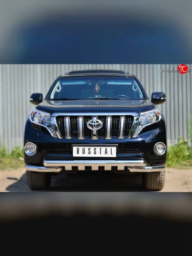 Защита переднего бампера (2 трубы Ø76 мм с зубами, нержавейка) SLITKOFF Toyota Land Cruiser Prado  J150 (2013-2017) 1-ый рестайлинг