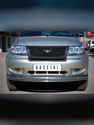 Защита переднего бампера (2 трубыØ76 и 42 мм, нержавейка) SLITKOFF Уаз Патриот  3163 5 дв. (2005-2013) дорестайлинг