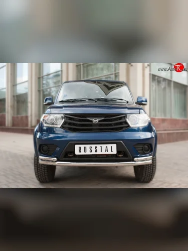 Защита переднего бампера (2 трубыØ63 мм, нержавейка) SLITKOFF Уаз Патриот ( 3163 5-дв.,  3163 5 дв.) (2014-2025) 1-ый рестайлинг, 2-ой рестайлинг