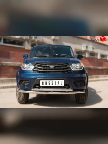 Защита переднего бампера (2 трубыØ63 и 42 мм, нержавейка) SLITKOFF Уаз Патриот ( 3163 5-дв.,  3163 5 дв.) (2014-2025) 1-ый рестайлинг, 2-ой рестайлинг