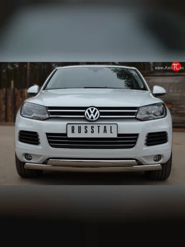 Защита переднего бампера (2 трубыØ75х42 мм, нержавейка) Russtal Volkswagen Touareg 2 NF дорестайлинг (2010-2014)