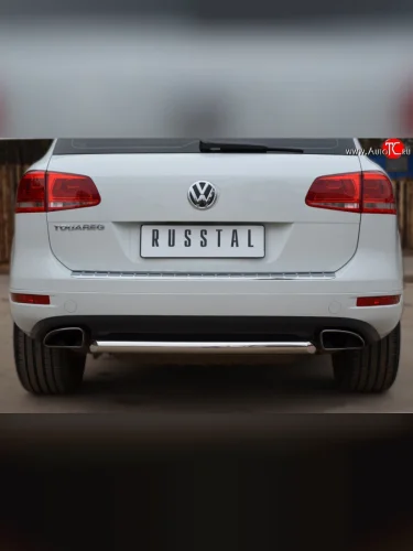 Одинарная защита заднего бампера из трубы диаметром 63 мм SLITKOFF Volkswagen Touareg 2 NF дорестайлинг (2010-2014)