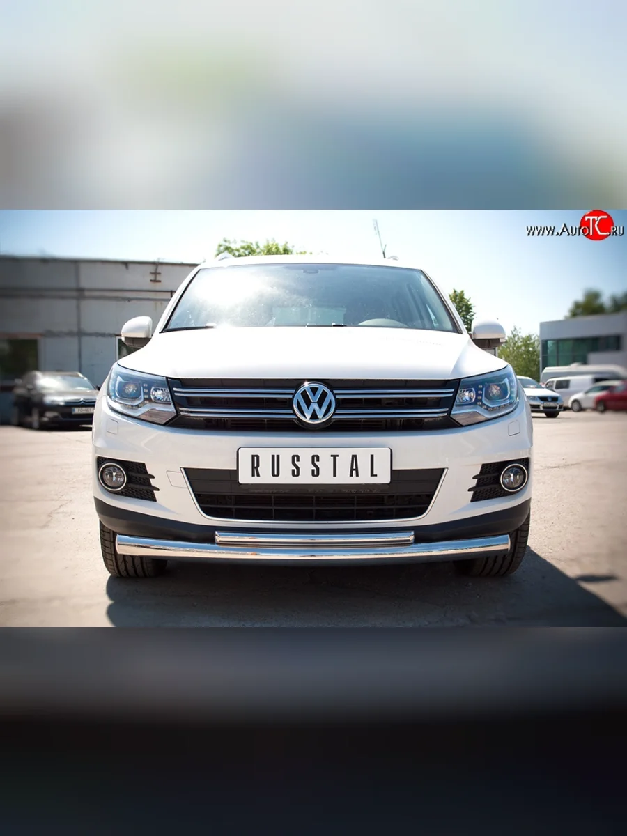 Защита переднего бампера (2 трубыØ76 и 42 мм, нержавейка) SLITKOFF Volkswagen Tiguan NF рестайлинг (2011-2017)  с доставкой в г. Керчь